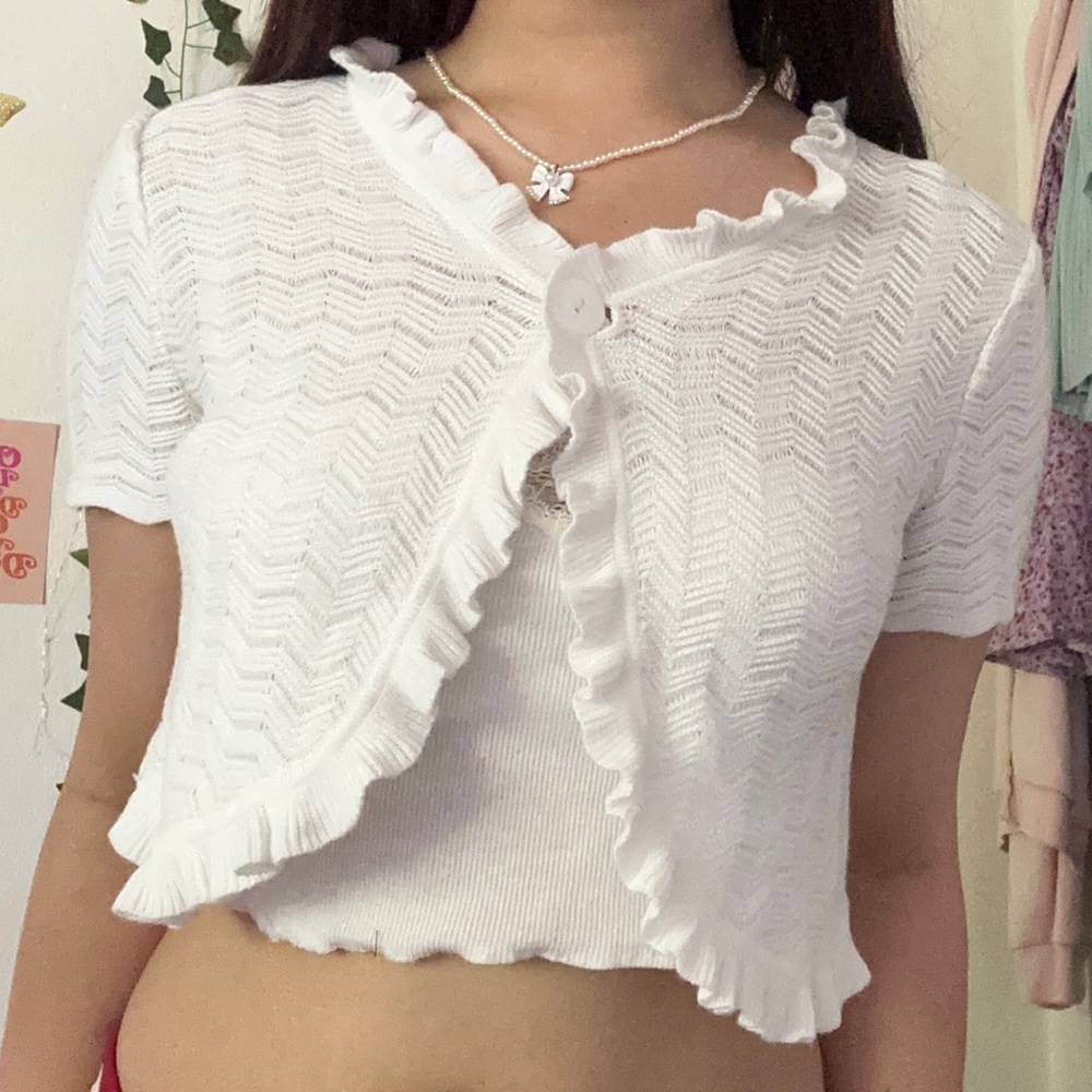 frilly white crop cardigan